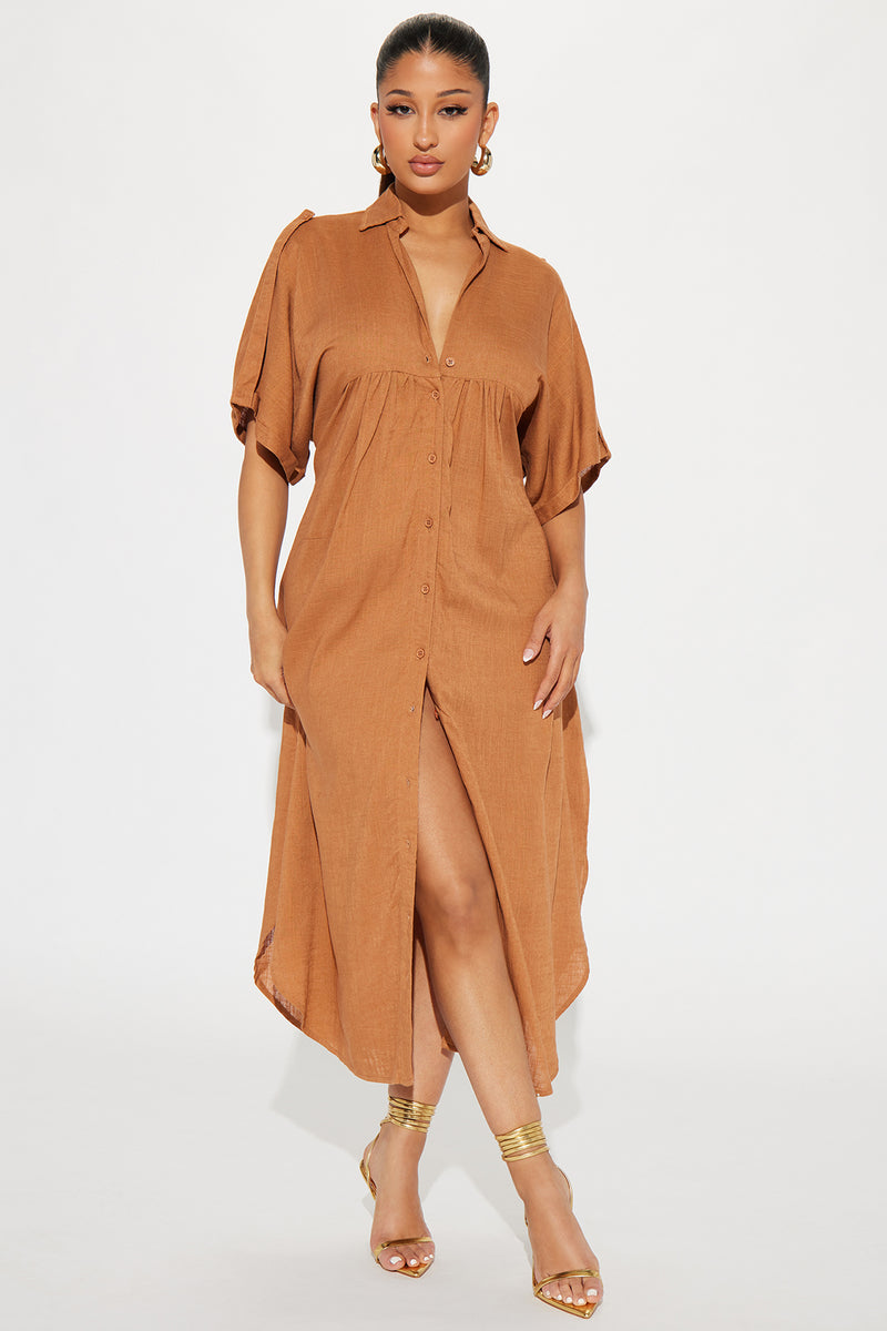 AUTOGRAPH - Plus Size - Womens Midi Dress - Brown - Summer Casual Linen  Dresses - Tan - 3/4 Sleeve - Belted - Women's Clothing - Tan