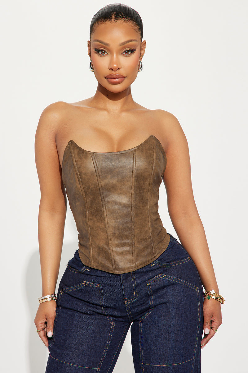 Back Road Washed Faux Leather Corset Top - Brown, Fashion Nova, Shirts &  Blouses