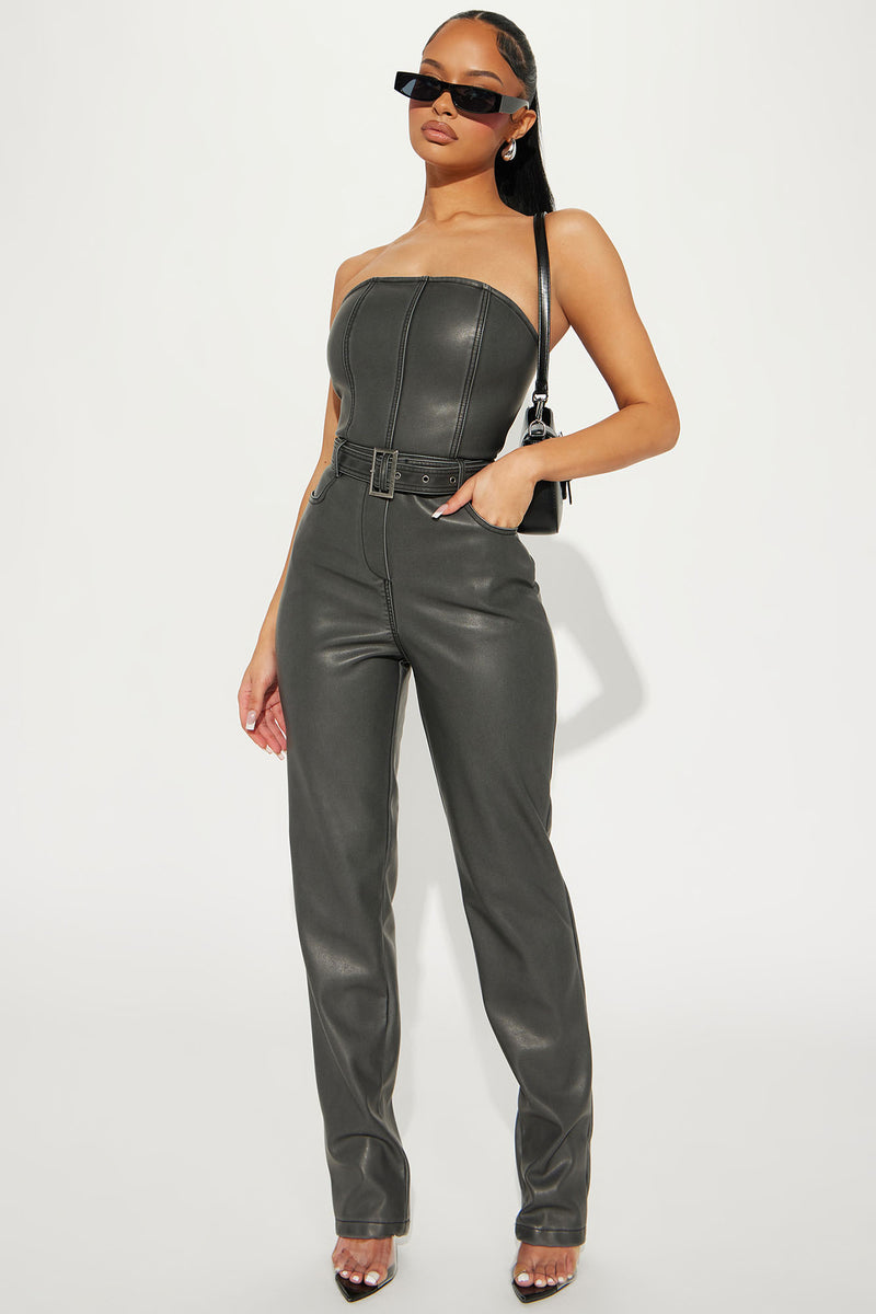 Riding Down This Road Faux Leather Jumpsuit - Charcoal | Fashion 