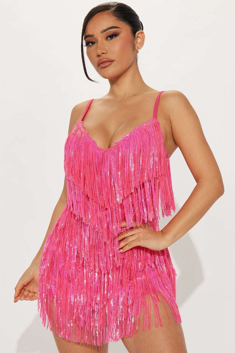 Hot Pink Fringe Mini Dress, Hot Pink Dress with Fringe –