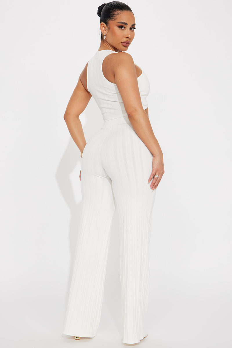 White Ribbed Bralette Top And Palazzo Pants Set - white / S