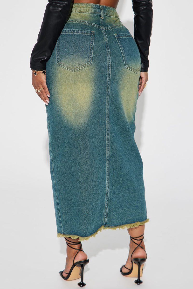 Dark Rinse Denim Back Slit Midi Skirt