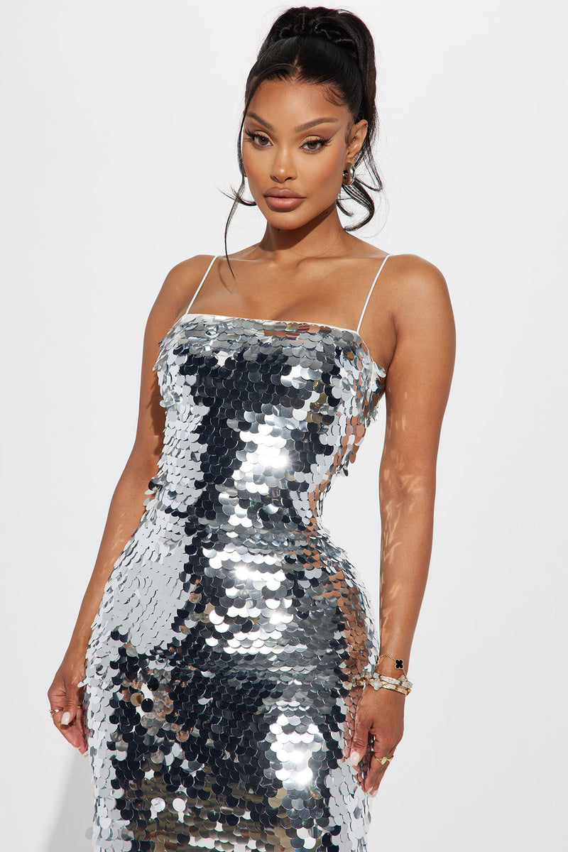 Center of Attention Sequins Dress - Silver Curve/Plus 3X / Silver