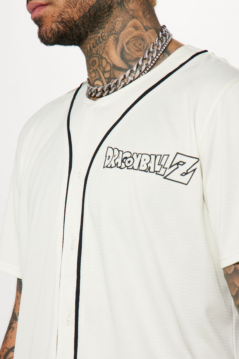 Men's Dragonball Z Super Saiyan Goku Baseball Jersey in Off White Size Medium by Fashion Nova
