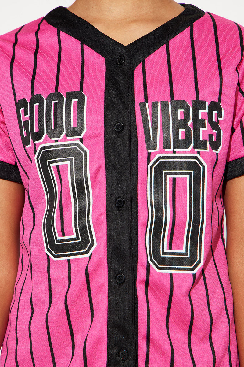 Mini Good Vibes Mesh Knit Baseball Jersey Dress - Black/Pink