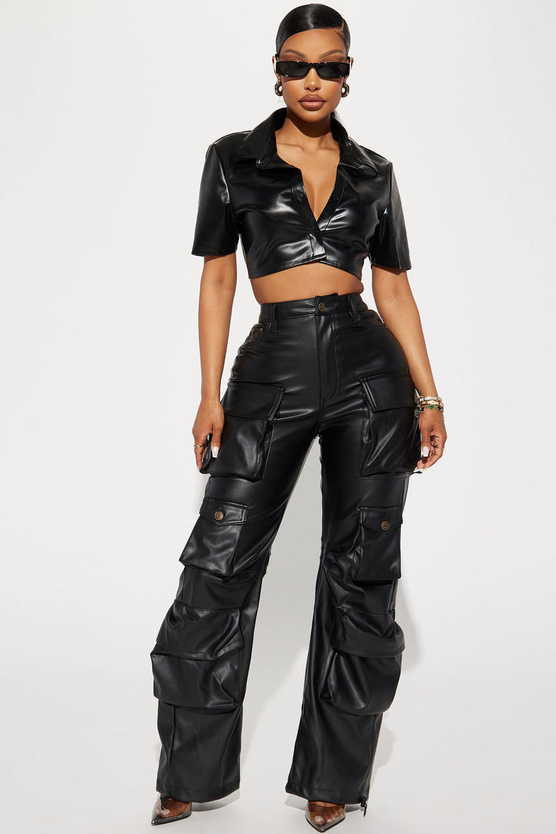 City Is Mine Faux Leather Cargo Pant - Black
