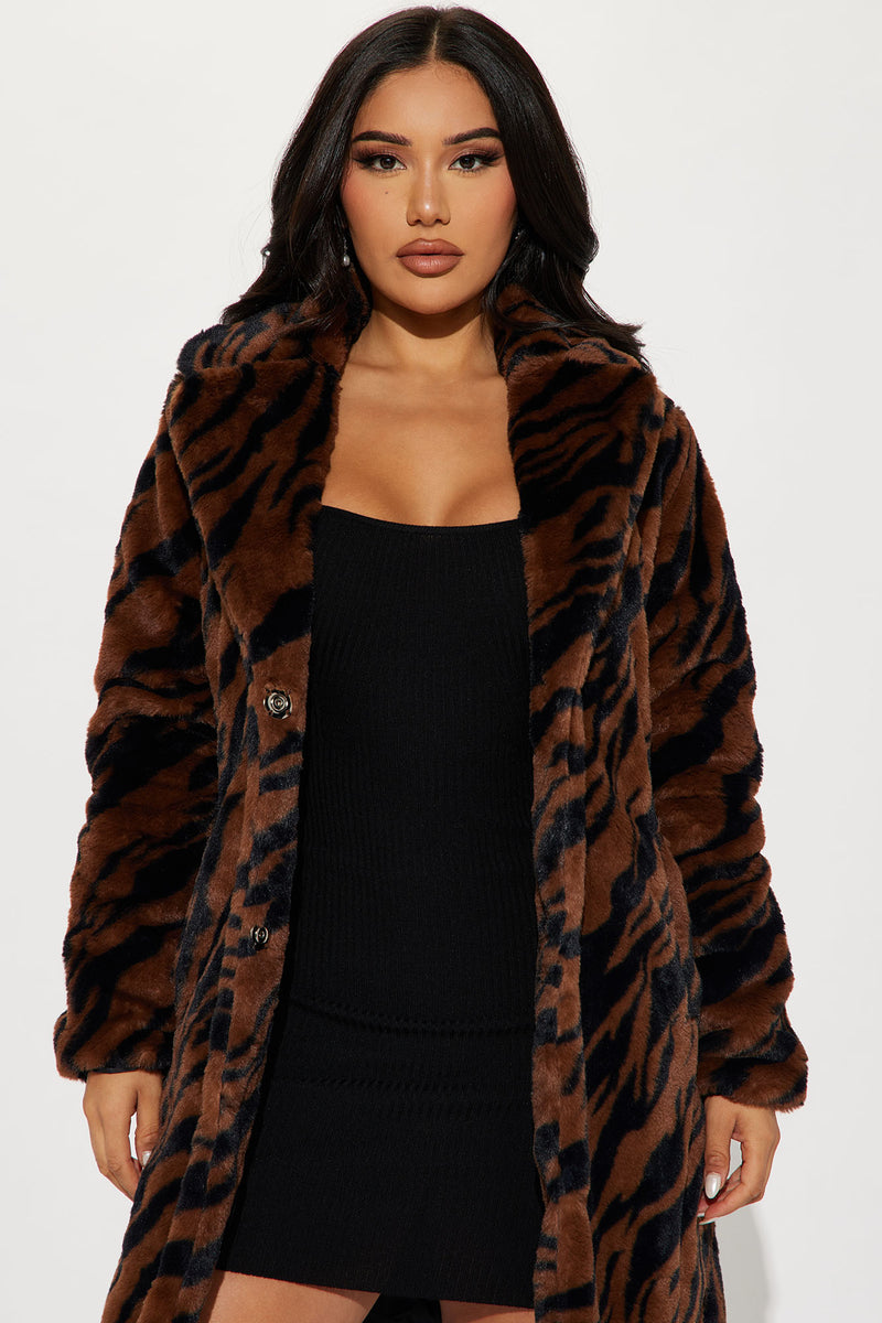 Zebra Love Faux Fur Coat - Brown/combo