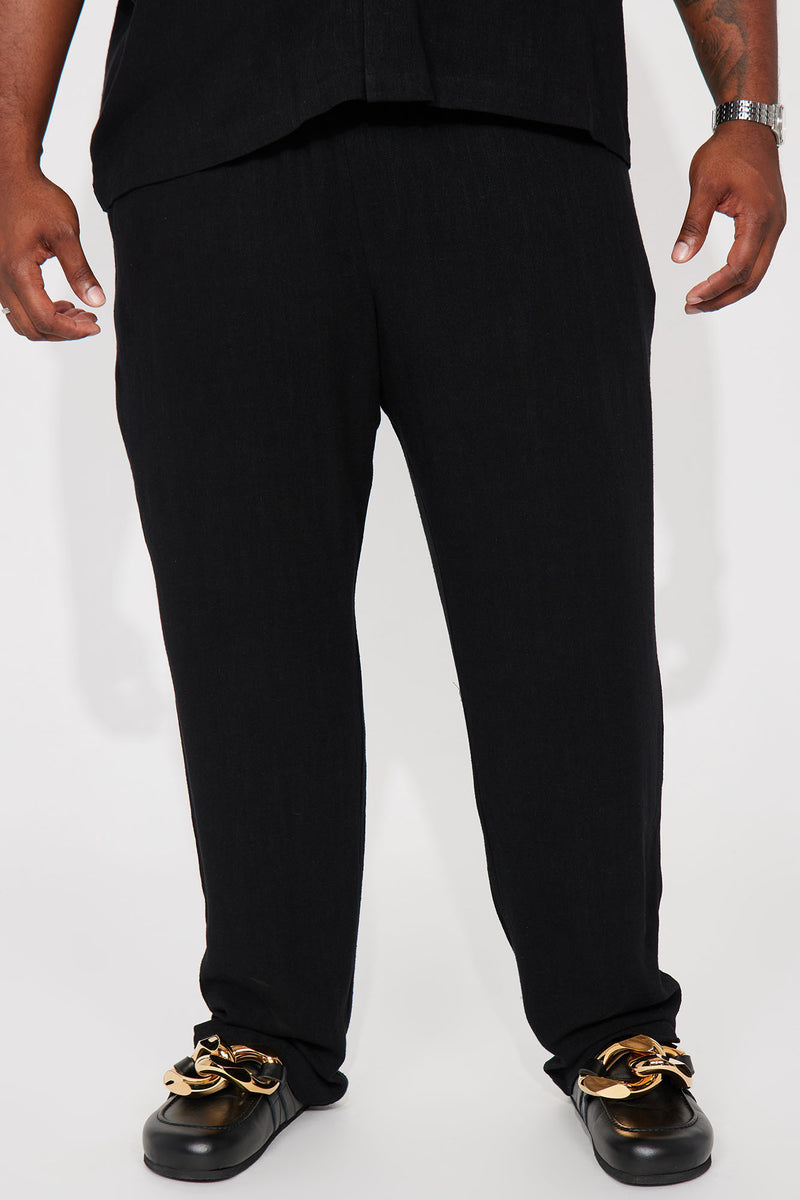 Solid Textured Linen E-Waist Side Slit Pants - Black