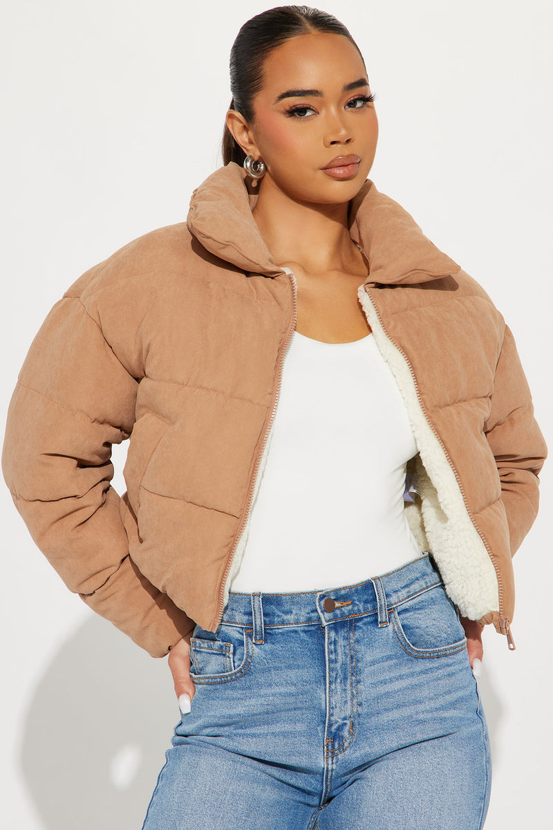 Camel hooded puffer cheap jacket