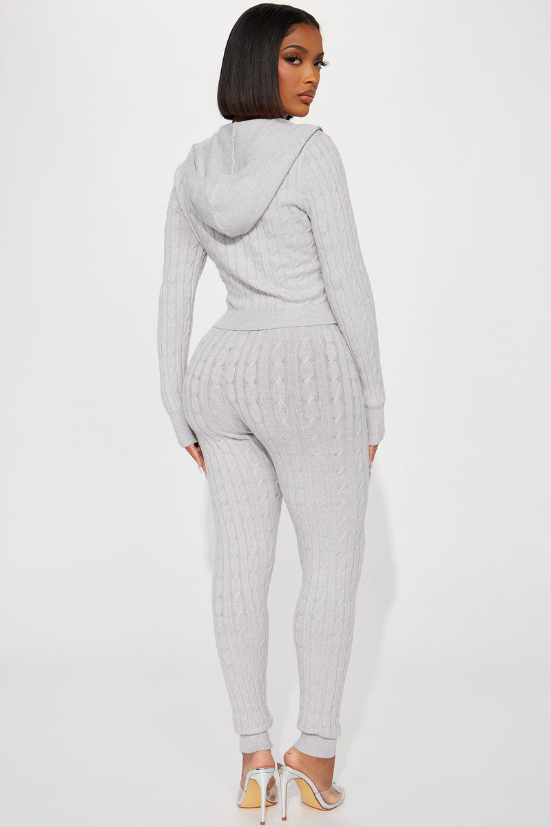 Focused On Me Hooded Cable Knit Legging Set - Heather Grey