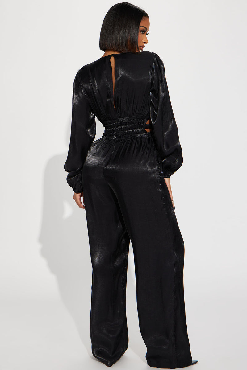 Black And White Long Sleeve Faux Leather Jumpsuit