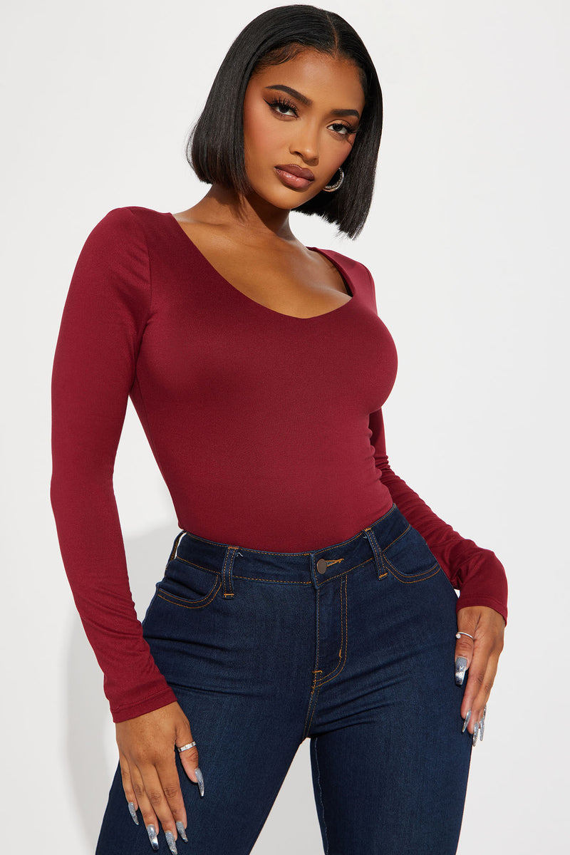 PALINDA Women's Deep V Neck Long Sleeve Bodysuit Ribbed Knit