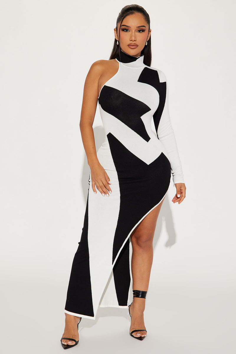 Abstract One Shoulder Maxi Dress - Black/White