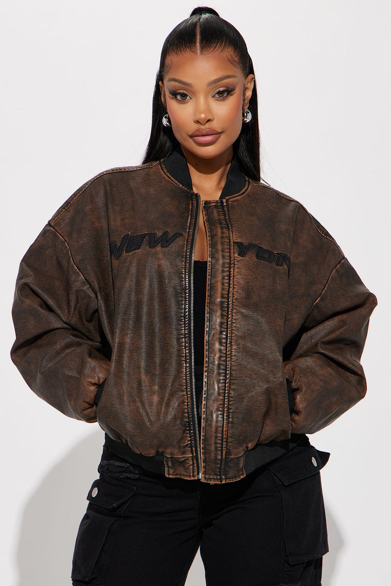 Zoe Washed Faux Leather Bomber Jacket - Brown