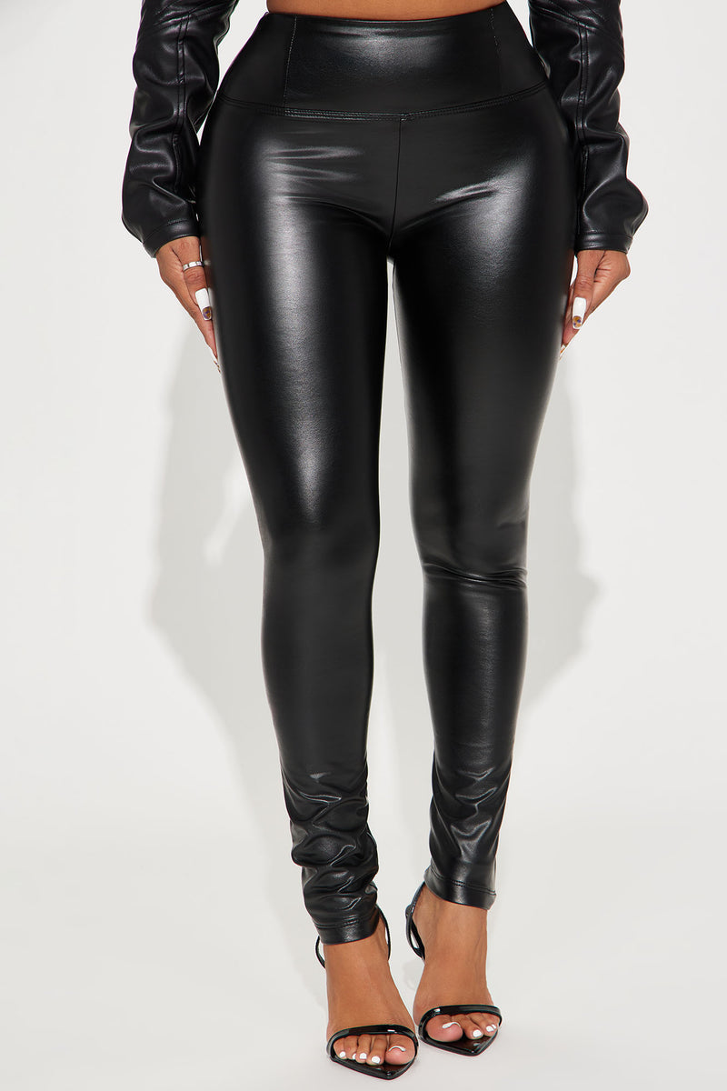 Plus Size Curvy Skinny Bi Leather Leggings Elastic Material - Black