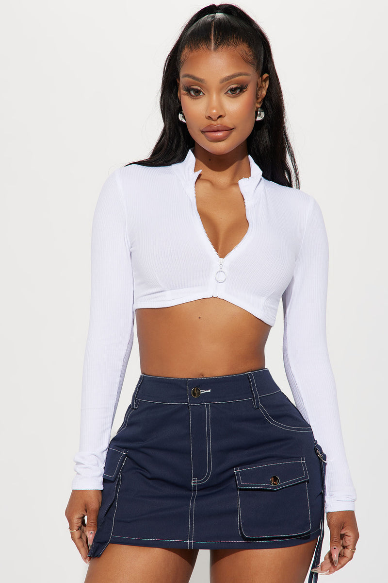 Carly V Neck Crop Long Sleeve Tee - White