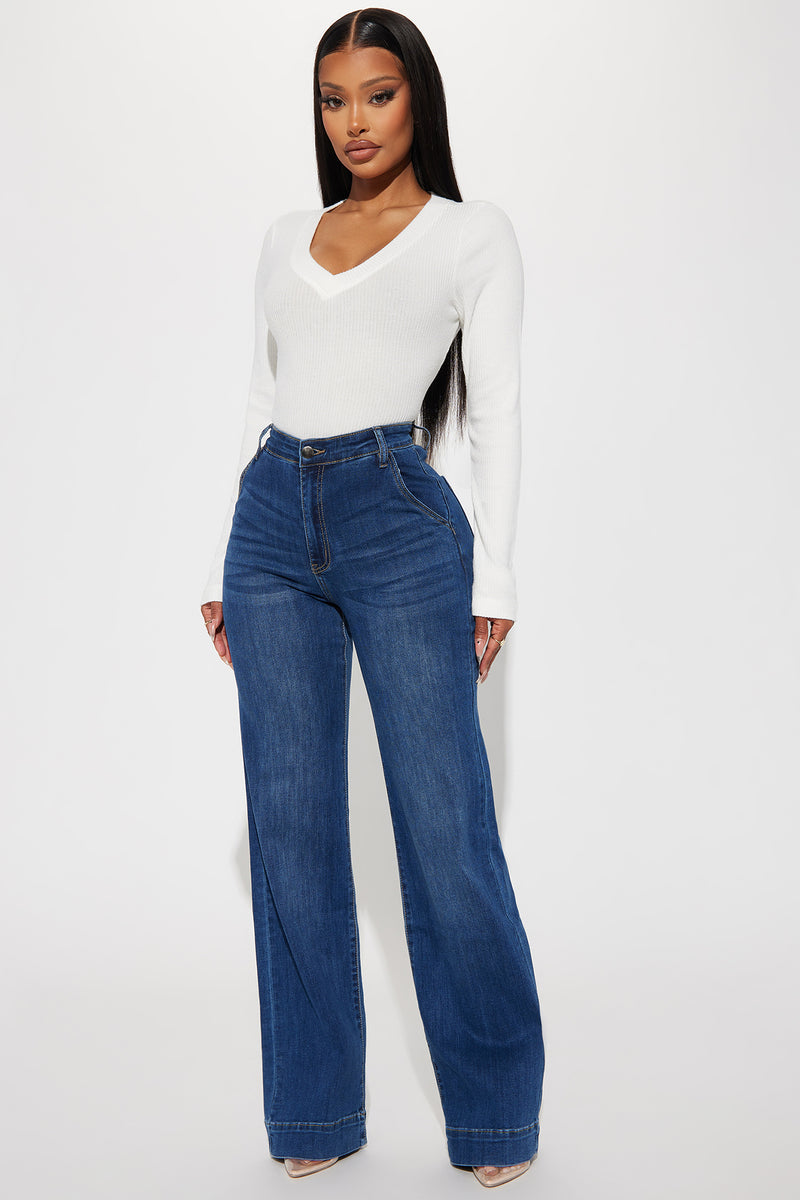 LUXUR Women Jeans High Waist Denim Pants Solid Color Bottoms Stretch  Trousers Flared Leg Dark Brown XL