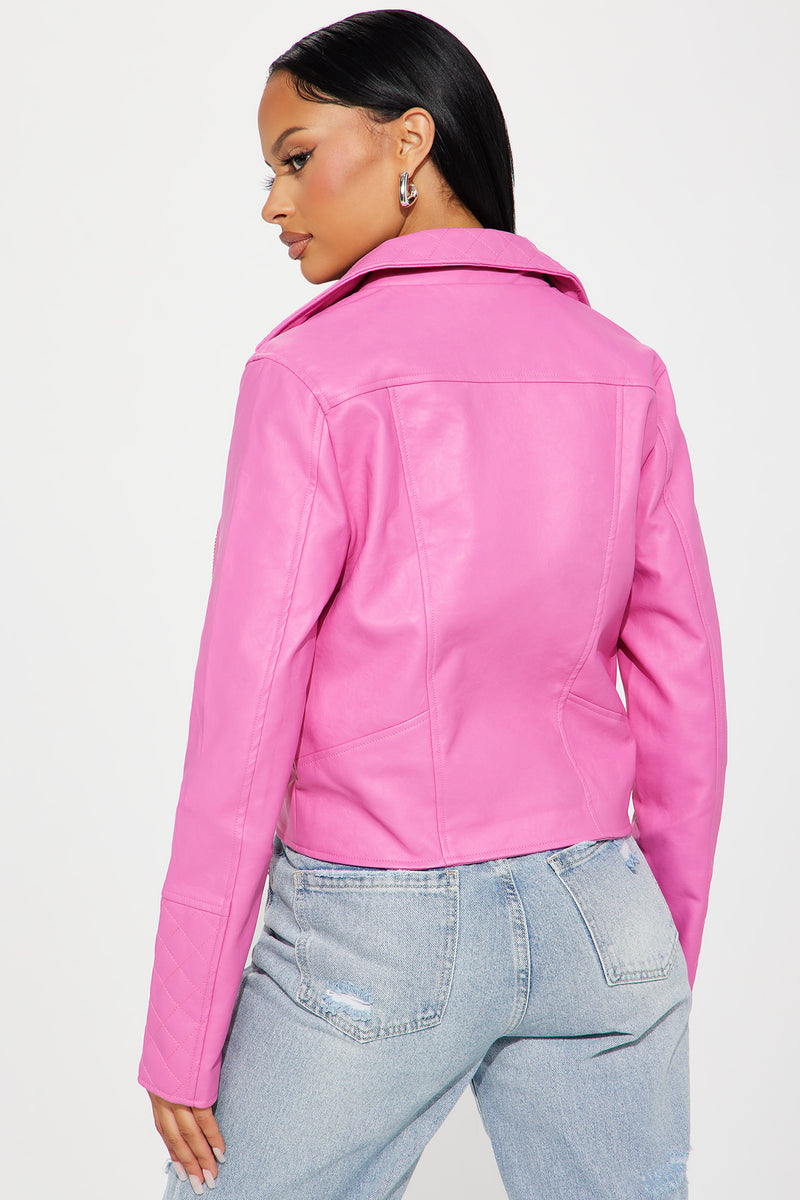 Vegan Flamingo Pink Leather Cropped Motorcycle Jacket