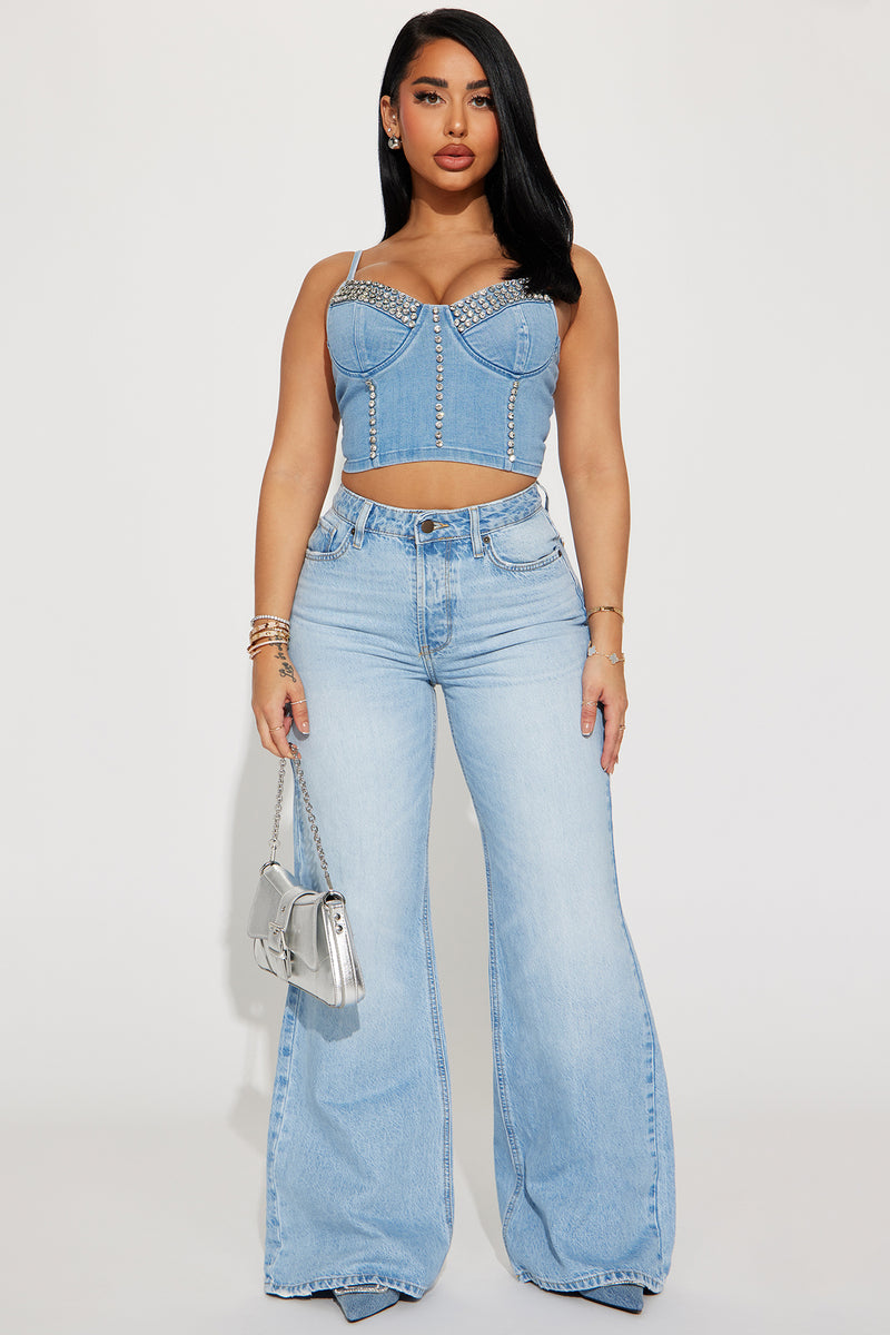 Rhinestone Denim Corset Crop Top - Medium Wash - H&O