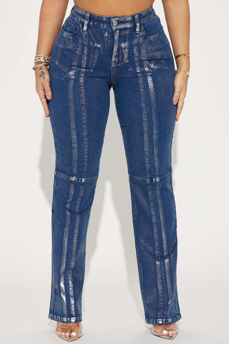 Seeing Silver Foil Straight Leg Jeans - Blue/Silver