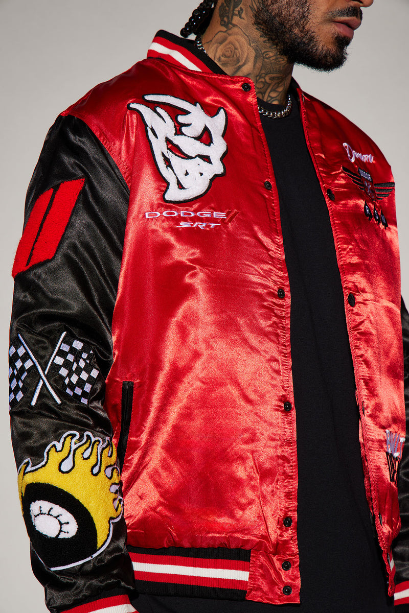 Men's Dodge Demon Satin Bomber Jacket in Black/Red Size Medium by Fashion Nova