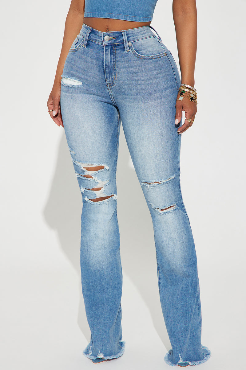 Really Rowdy Ripped Stretch Flare Jeans - Light Wash