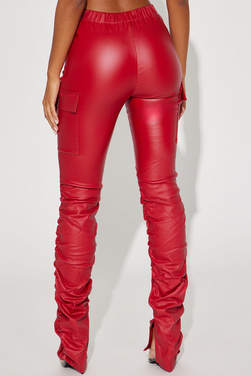 Faux Leather Tummy Tuck Leggings - Brick Red - ShopperBoard