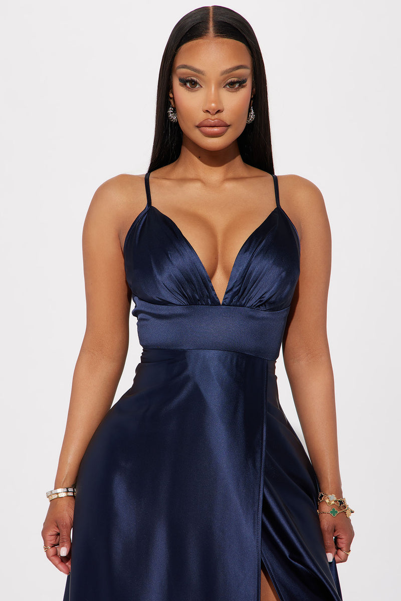 Navy Stretch Satin Faux Wrap Strapless Gown - Elements Unleashed