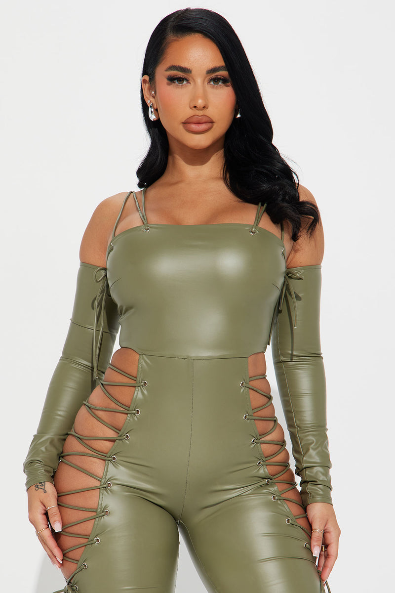 Double Life Faux Leather Jumpsuit - Olive, Fashion Nova, Jumpsuits