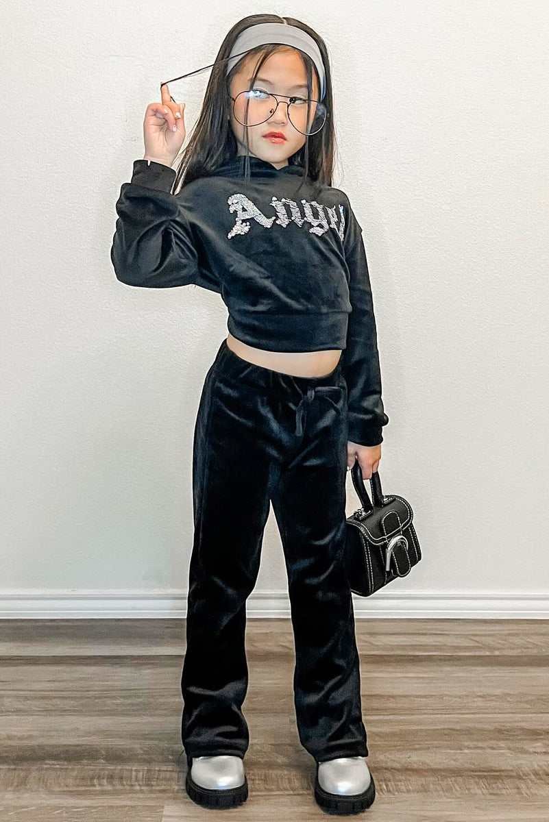 Mini Angel Velour Pant Set - Black