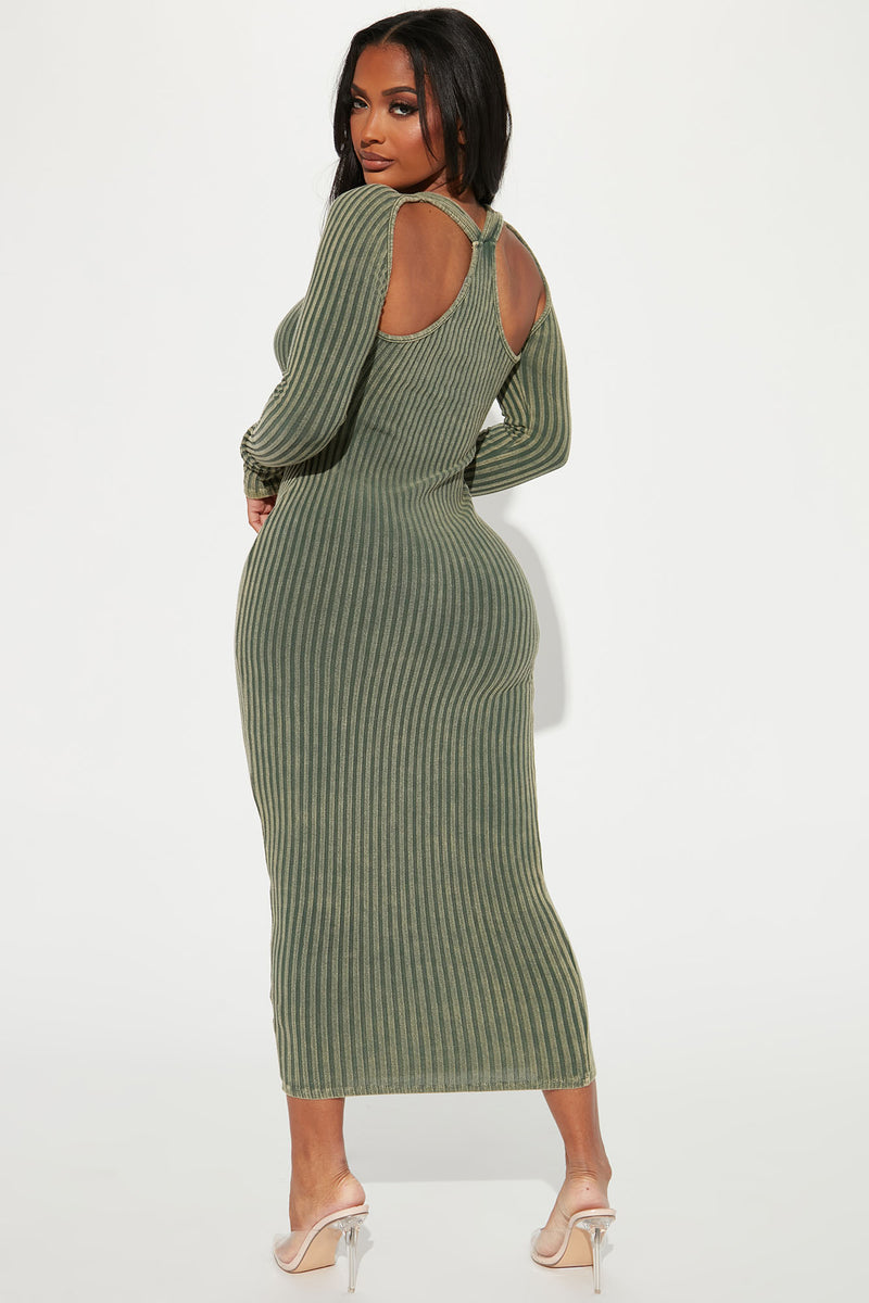 Olive Ribbed Long Sleeve Dress