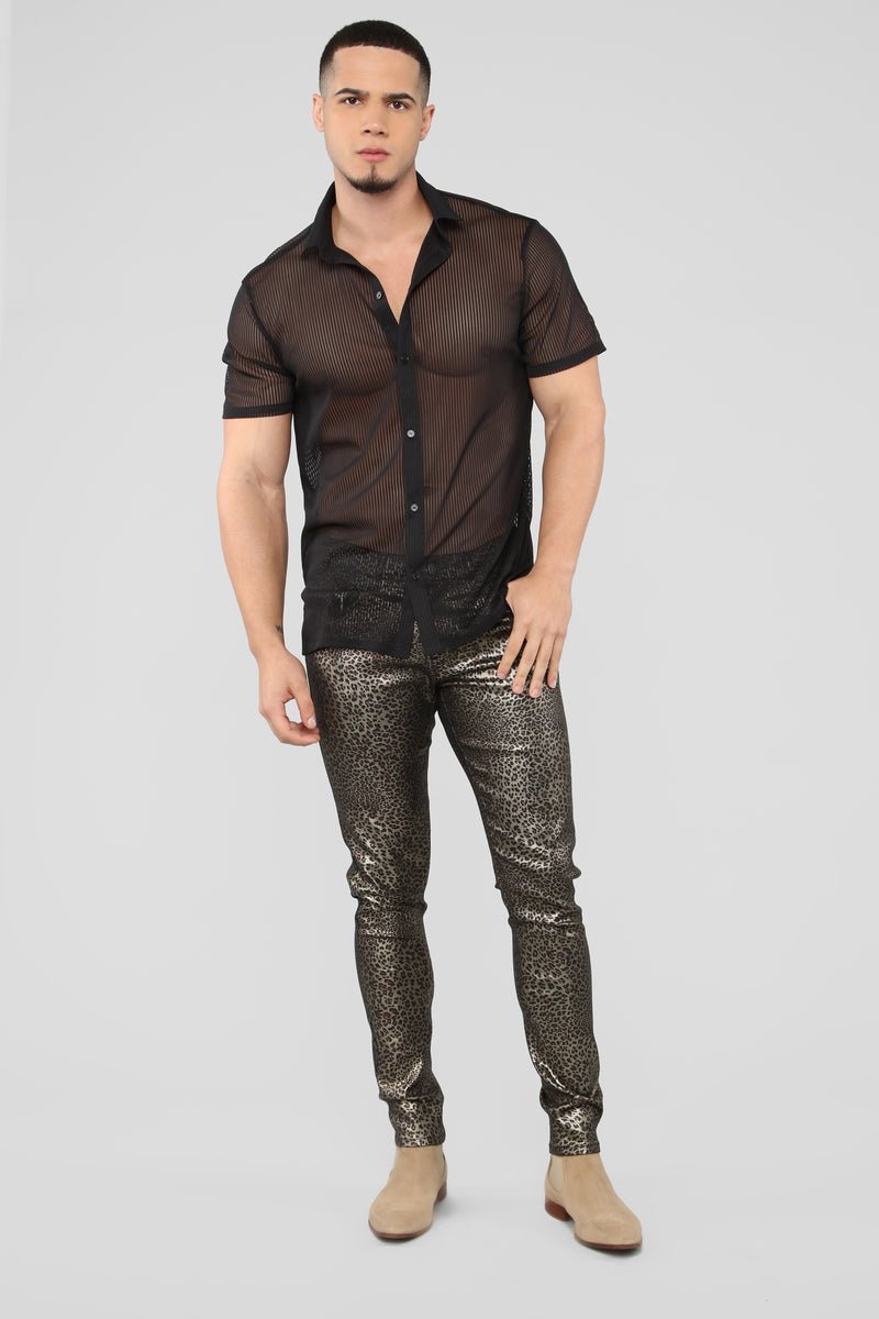 Men's We Don't Mesh Cropped Button Up Shirt in Black Size Medium by Fashion Nova
