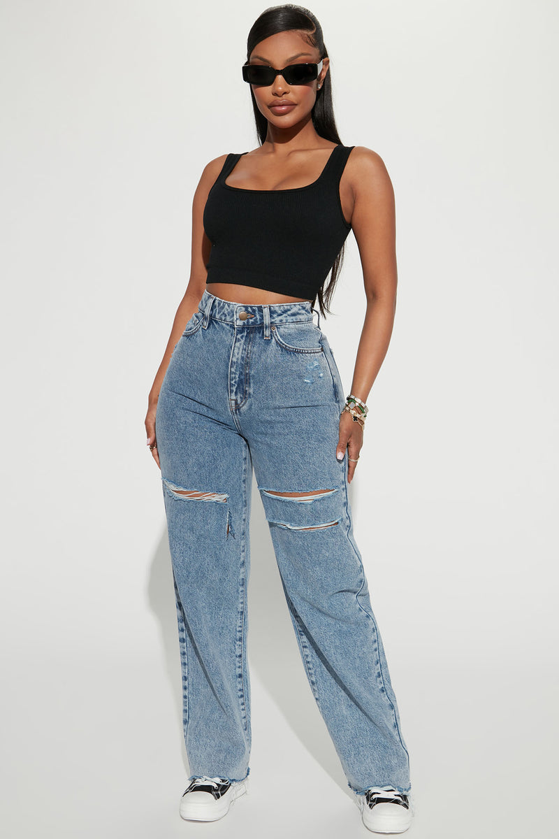 Only One Non Stretch Ripped Straight Leg Jean - Medium Wash