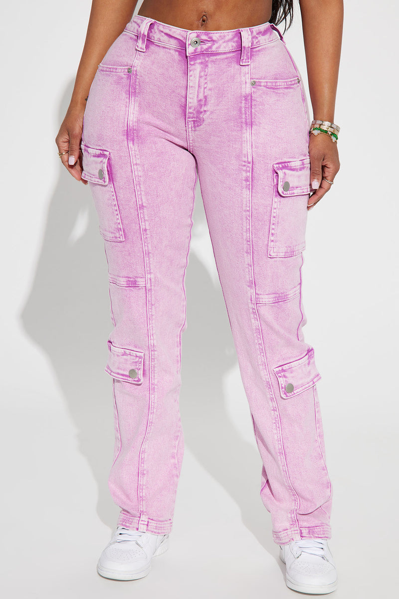 Late Checkout Mid Rise Cargo Jean - Purple, Fashion Nova, Jeans