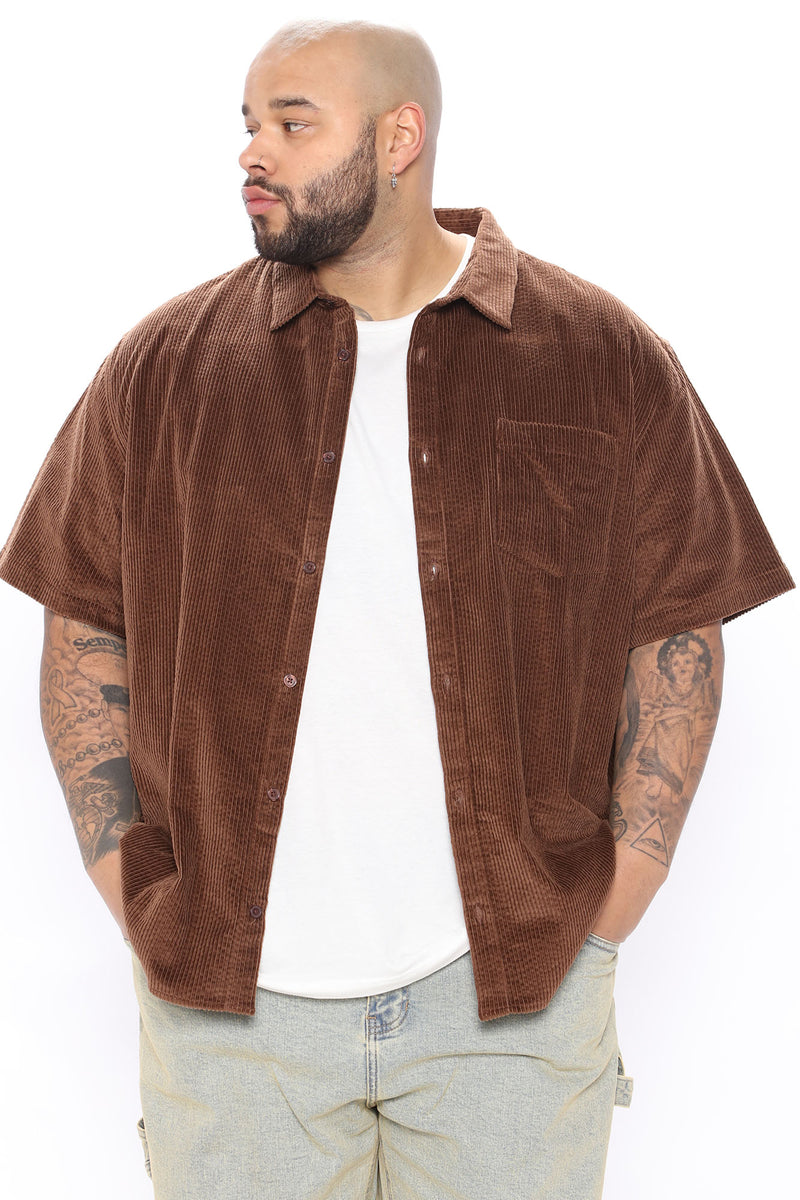 Corduroy Button Down Short Sleeve Woven Top - Brown | Fashion Nova