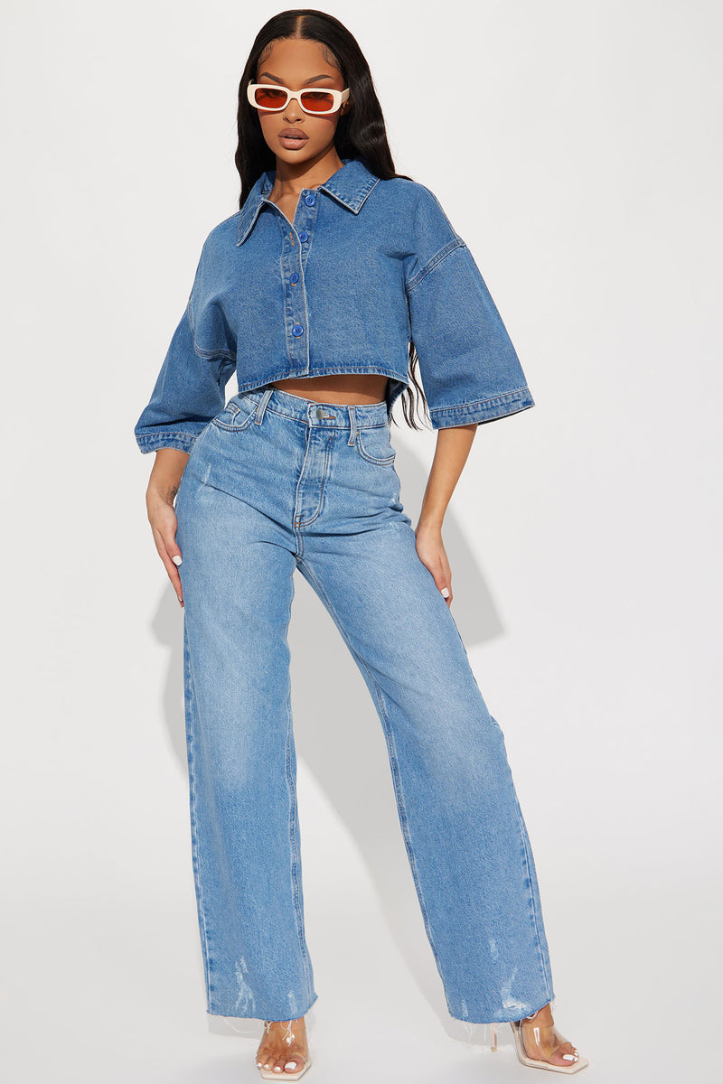 Odezza Denim Bra Top - Medium Wash, Fashion Nova, Shirts & Blouses