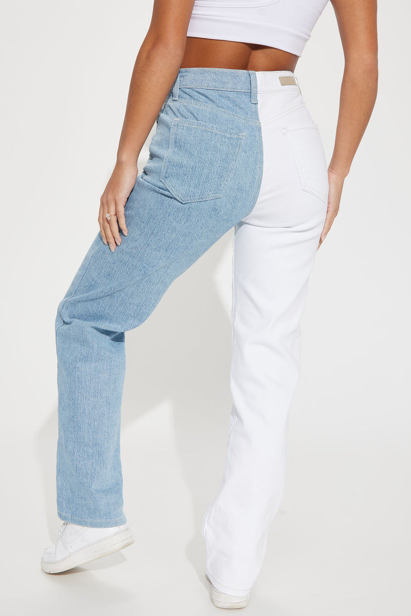 Two-tone organic high-rise straight-leg jeans