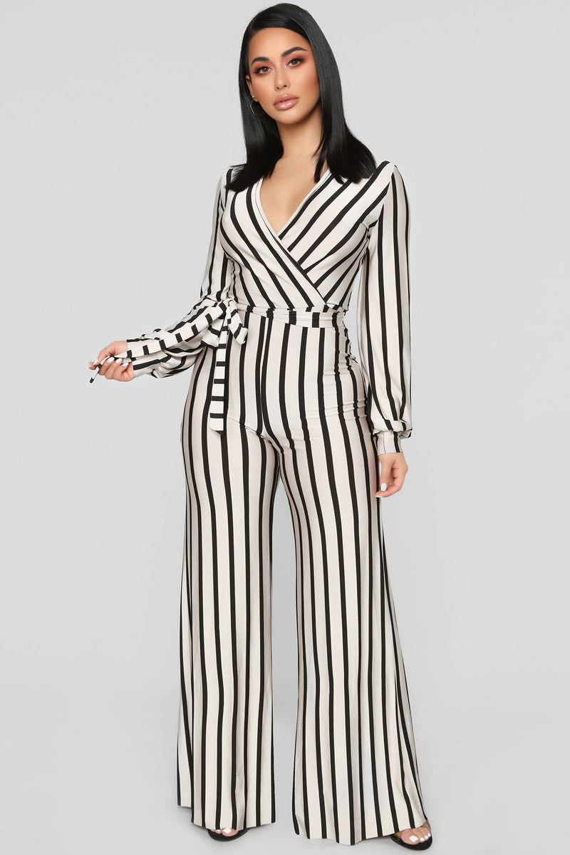 Right Up My Alley Striped Jumpsuit - Taupe/Combo, Fashion Nova, Jumpsuits