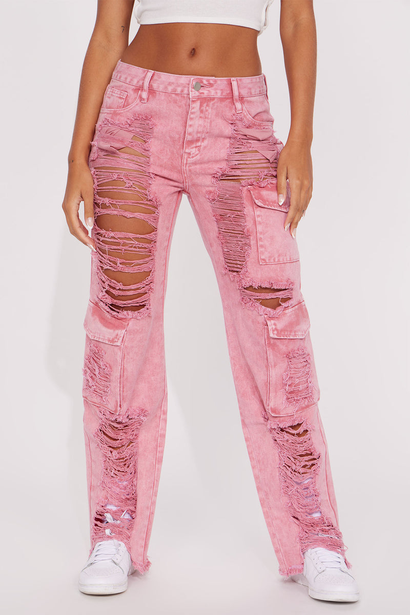 Higher Love Ripped Non Stretch Cargo Jean - Pink