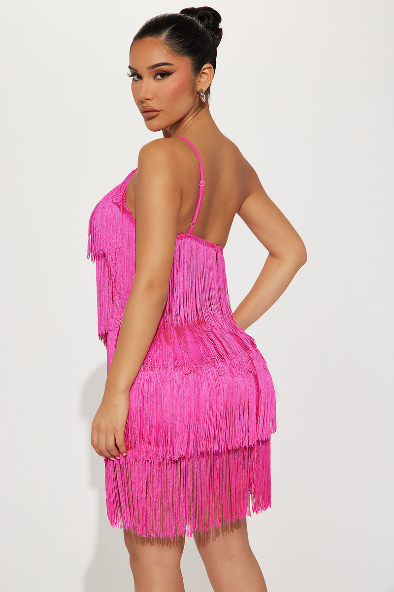 Strapless Satin Sweetheart Farrah Fringe Mini Dress in Pink, Size M, for Birthday or GNO/Date Night | Fashion Nova