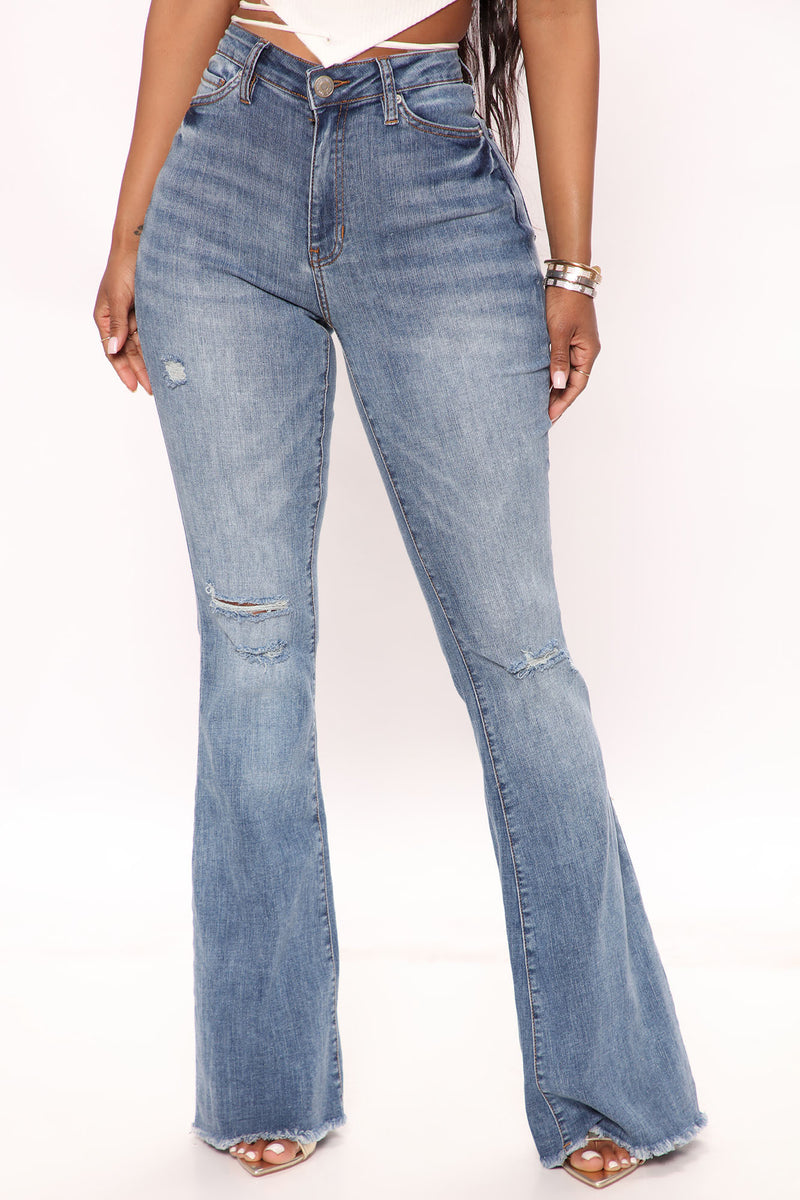 Blue Wash Distressed Stretch Flare Jeans – Omcne