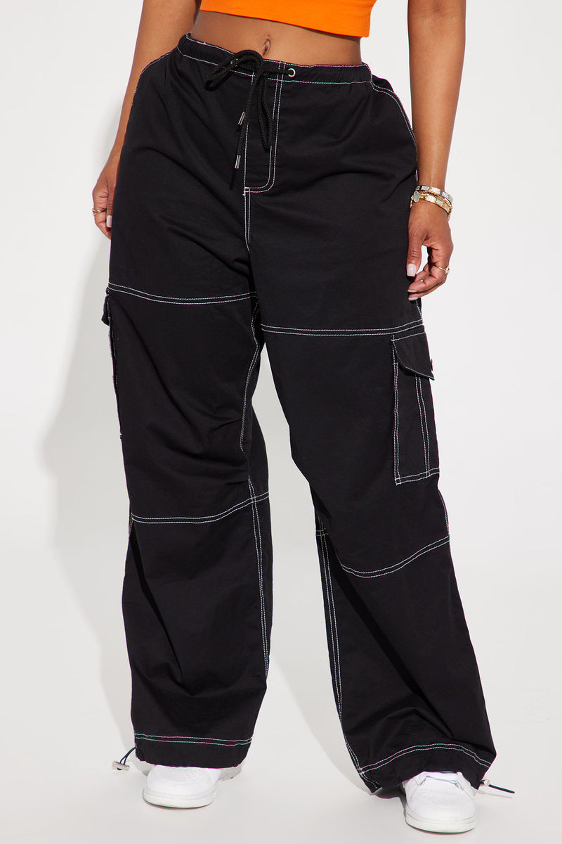 Back Outside Contrast Stitch Parachute Pant - Black