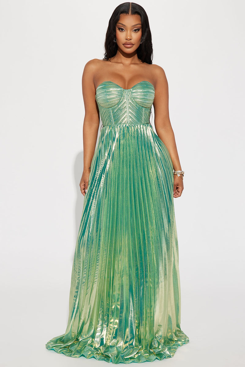 Sophia Pleated Metallic Maxi Dress - Teal | Fashion Nova, Dresses