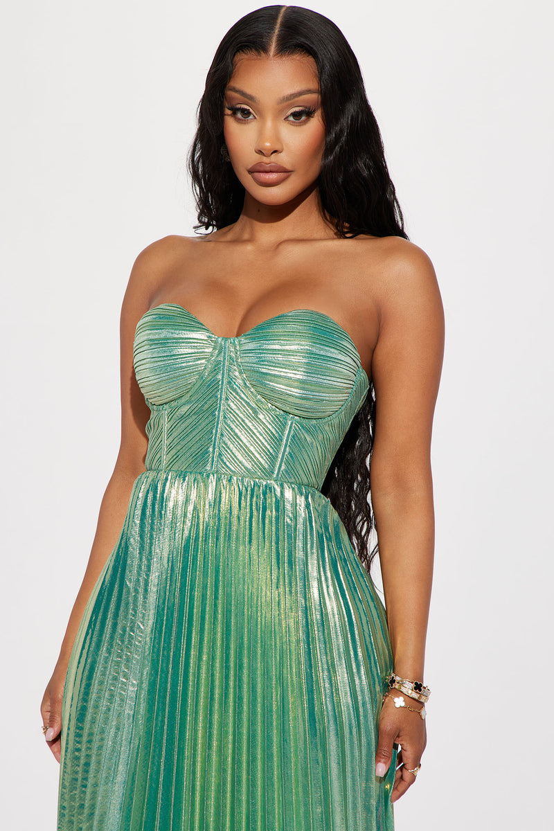 Sophia Pleated Metallic Maxi Dress - Teal | Fashion Nova, Dresses