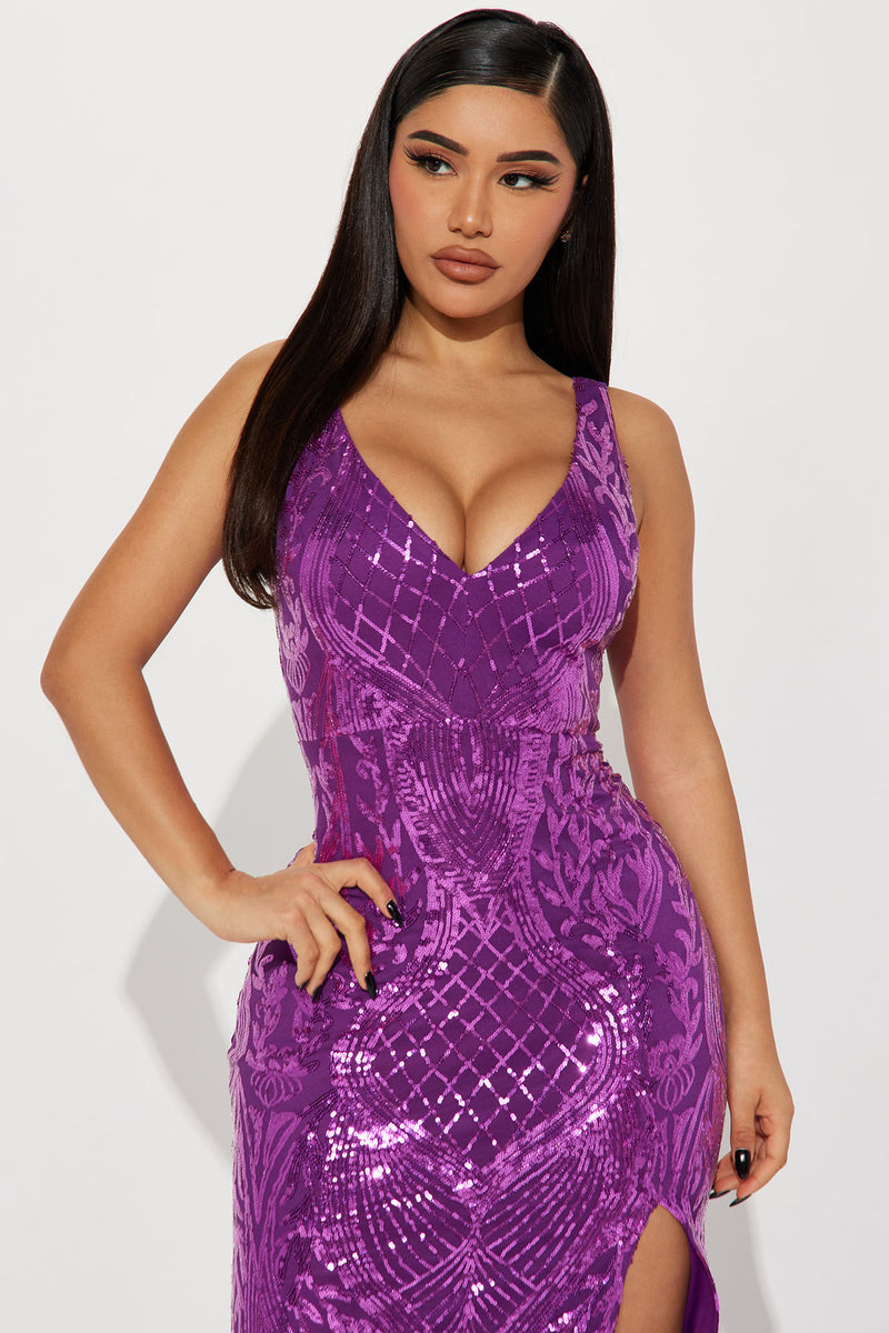Classic Crystal Edged Metallic Glitter Purple Sequin Diva's Dance Dress