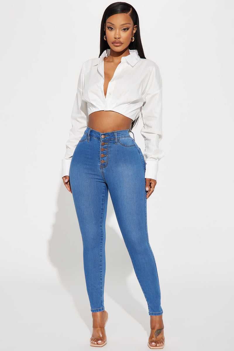 Classic Button Up Skinny Jeans - Medium Blue Wash