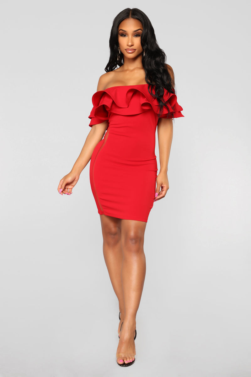 Fashion nova red on sale dress off the shoulder