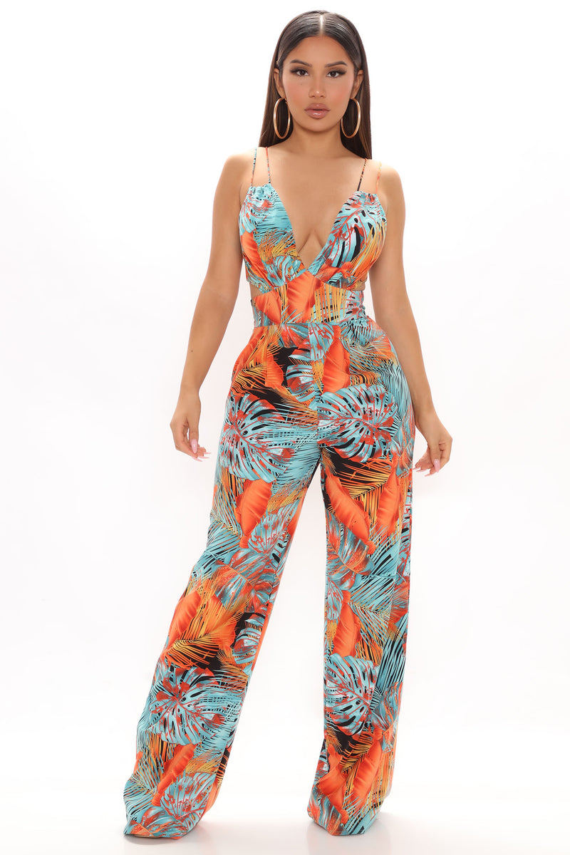 Time For Vacation Tropical Jumpsuit - Turquoise | Fashion Nova