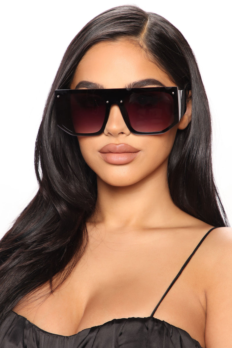 Glamour - White Sunglasses for Women Oversized Shield Square Flat Top Black Black