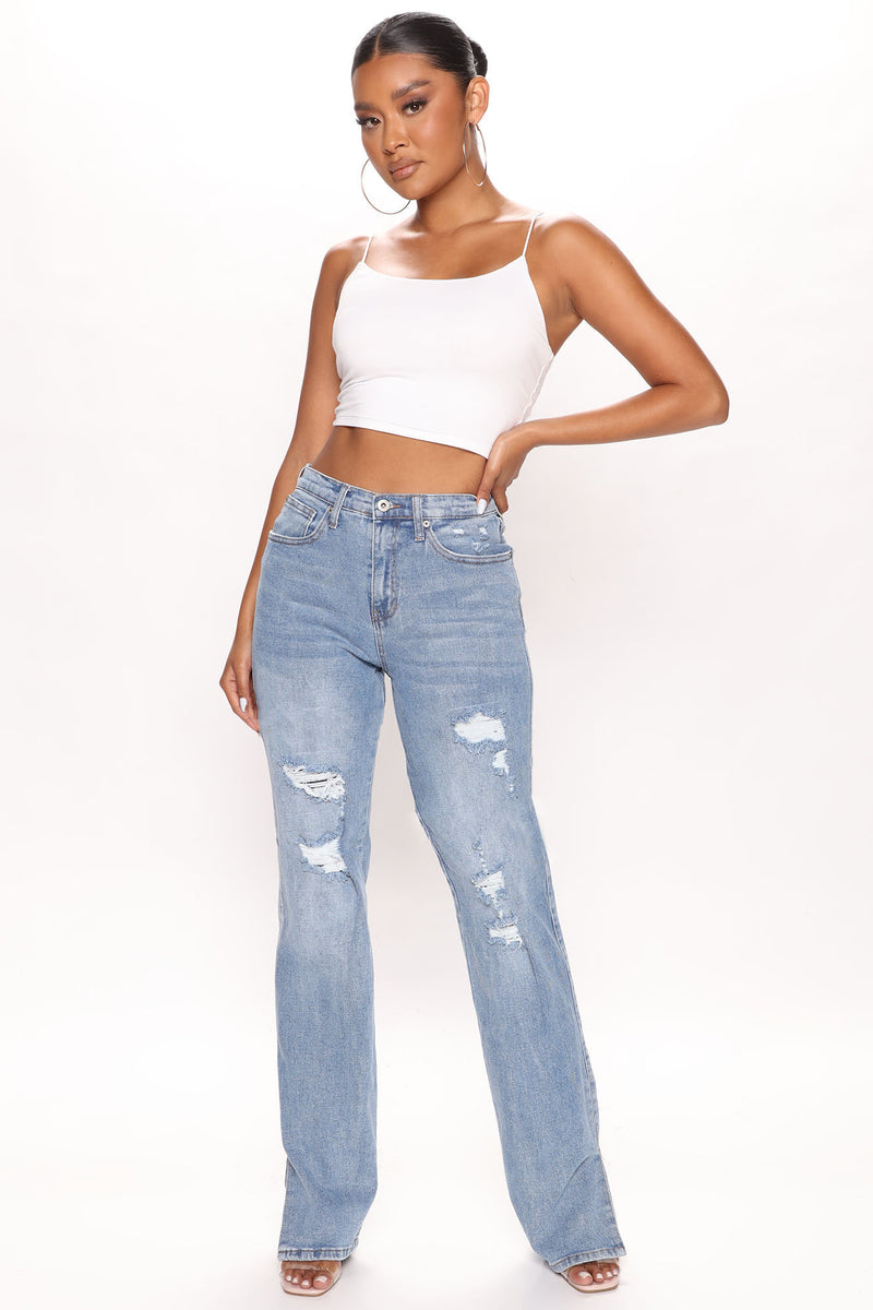 Tall Don't Give A Slit Ripped Straight Leg Jeans - Medium Blue